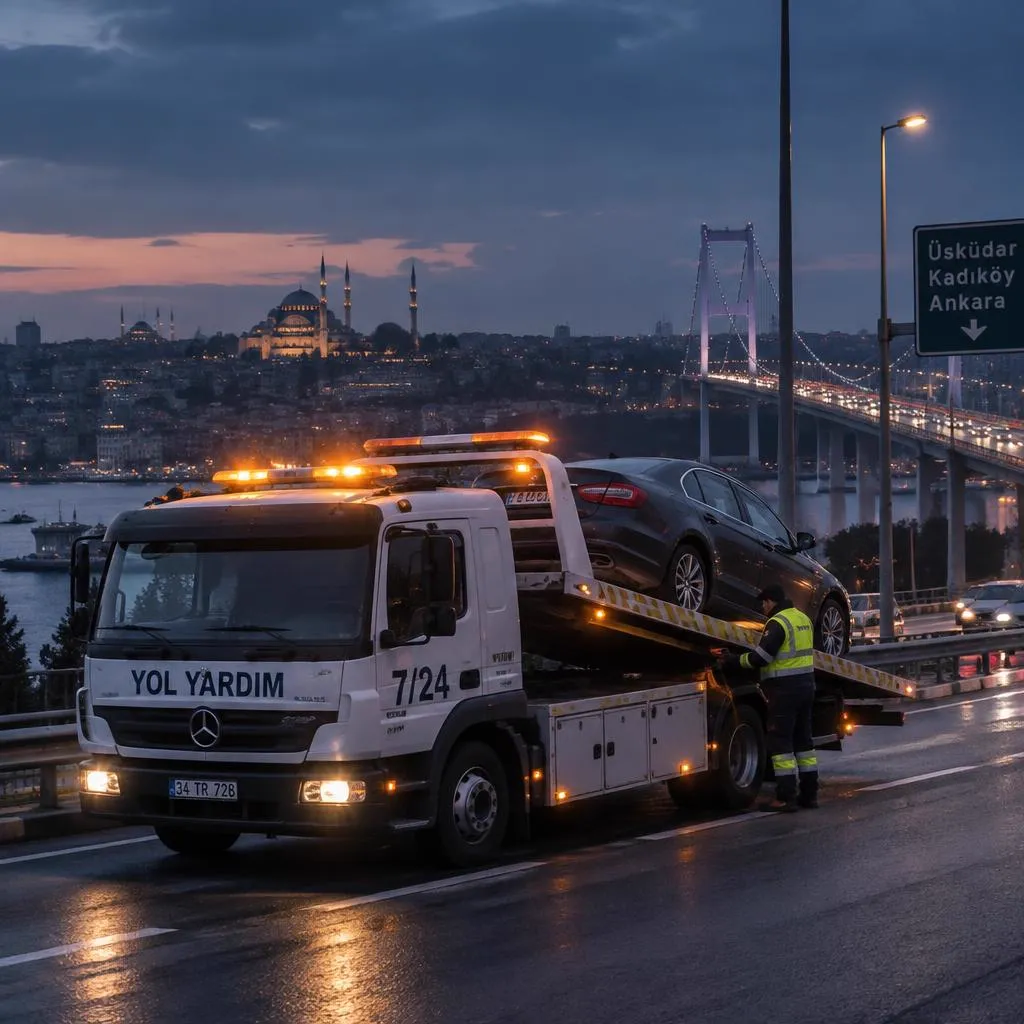 İstanbul'da bir aracı yükleyen Otokurist oto çekicisi